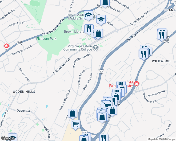 map of restaurants, bars, coffee shops, grocery stores, and more near 3615 Dogwood Ln SW in Roanoke