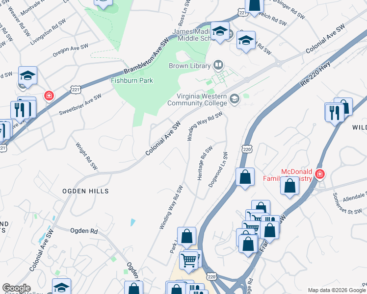 map of restaurants, bars, coffee shops, grocery stores, and more near 3641 Winding Way Road Southwest in Roanoke