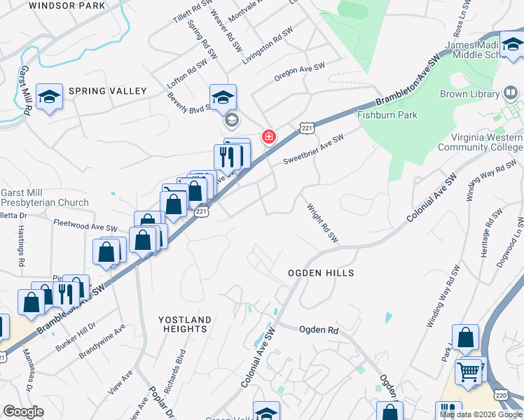 map of restaurants, bars, coffee shops, grocery stores, and more near 2750-2798 Creston Avenue Southwest in Roanoke