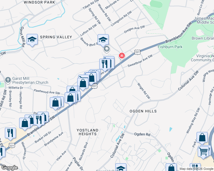 map of restaurants, bars, coffee shops, grocery stores, and more near 3611 Buckner Road Southwest in Roanoke