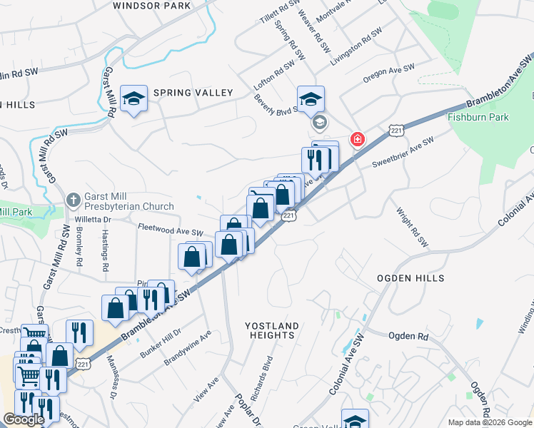 map of restaurants, bars, coffee shops, grocery stores, and more near 3105 Red Rock Road Southwest in Roanoke