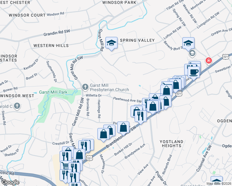 map of restaurants, bars, coffee shops, grocery stores, and more near 3393 Melody Avenue in Roanoke