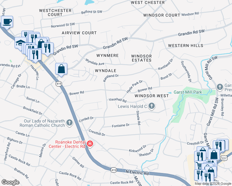 map of restaurants, bars, coffee shops, grocery stores, and more near 3934 Bower Road in Cave Spring