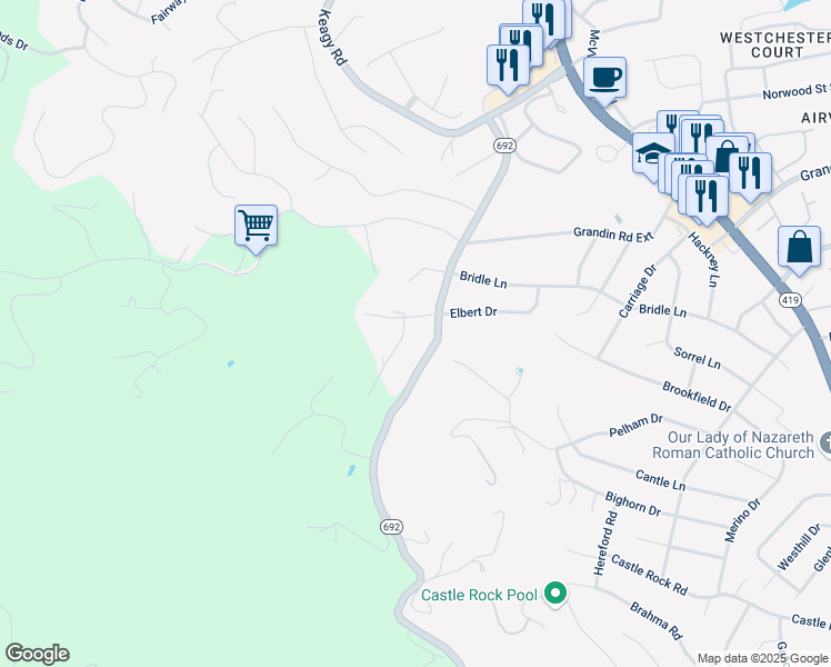map of restaurants, bars, coffee shops, grocery stores, and more near 5314 Carolyn Circle in Roanoke
