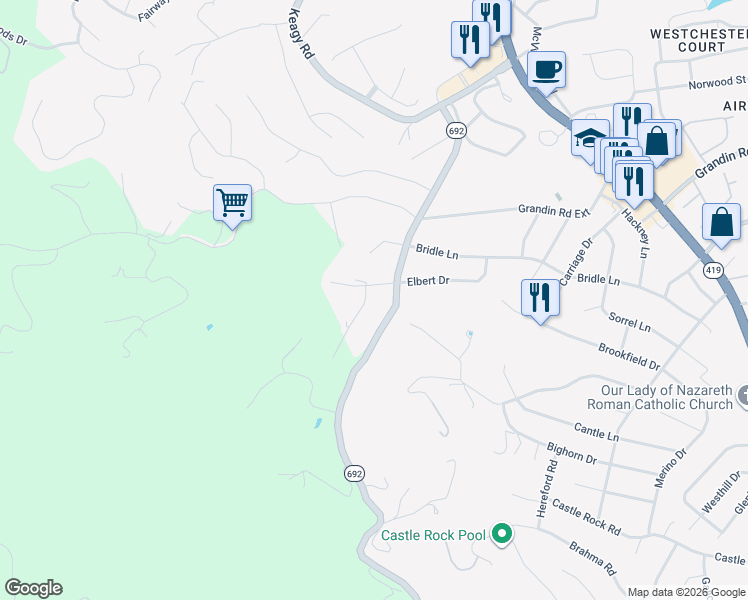 map of restaurants, bars, coffee shops, grocery stores, and more near 5314 Carolyn Circle in Roanoke