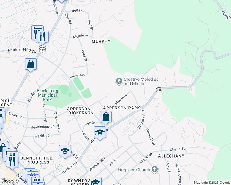 map of restaurants, bars, coffee shops, grocery stores, and more near 900 Myers Place in Blacksburg