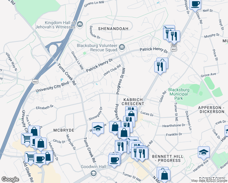 map of restaurants, bars, coffee shops, grocery stores, and more near 300 Broce Drive in Blacksburg
