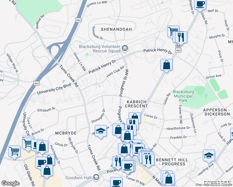 map of restaurants, bars, coffee shops, grocery stores, and more near 300 Broce Drive in Blacksburg