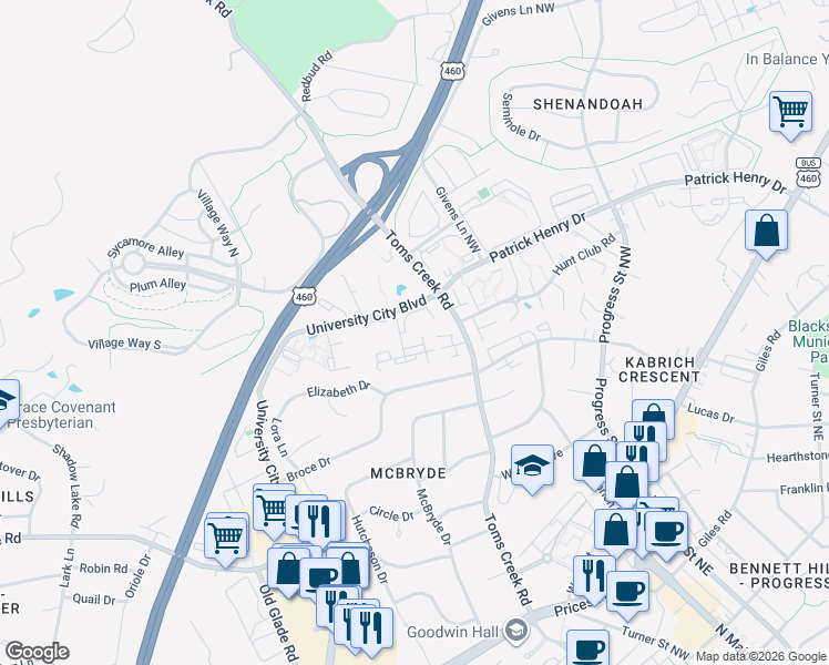 map of restaurants, bars, coffee shops, grocery stores, and more near 702 Appalachian Drive in Blacksburg