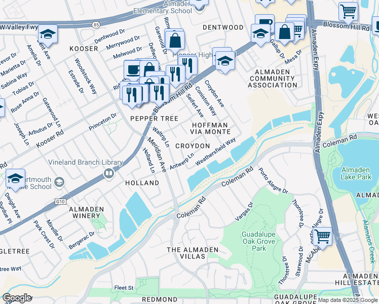 map of restaurants, bars, coffee shops, grocery stores, and more near 1307 Antwerp Lane in San Jose
