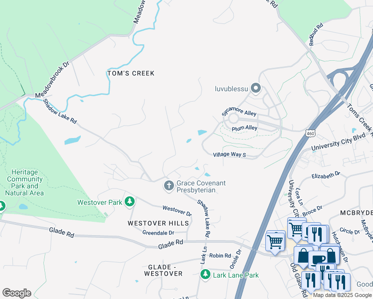 map of restaurants, bars, coffee shops, grocery stores, and more near 2301 Spring Hollow Lane in Blacksburg