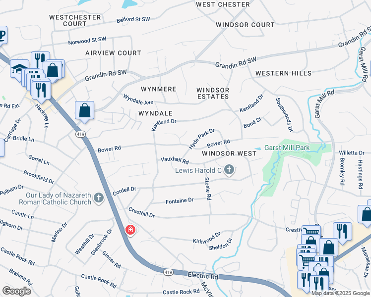 map of restaurants, bars, coffee shops, grocery stores, and more near 3908 Bower Road in Cave Spring