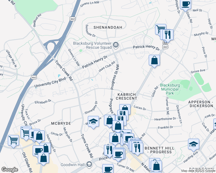 map of restaurants, bars, coffee shops, grocery stores, and more near 300 Broce Drive in Blacksburg