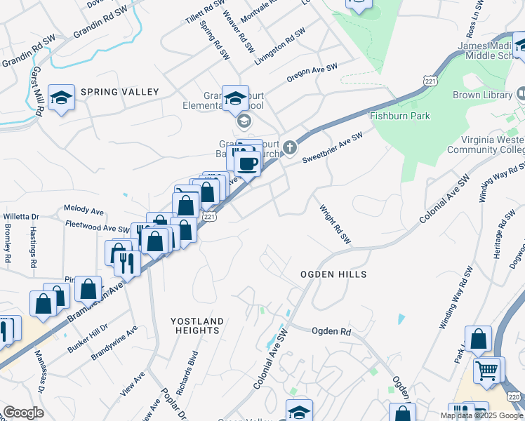 map of restaurants, bars, coffee shops, grocery stores, and more near 2912 Hollowell Avenue Southwest in Roanoke