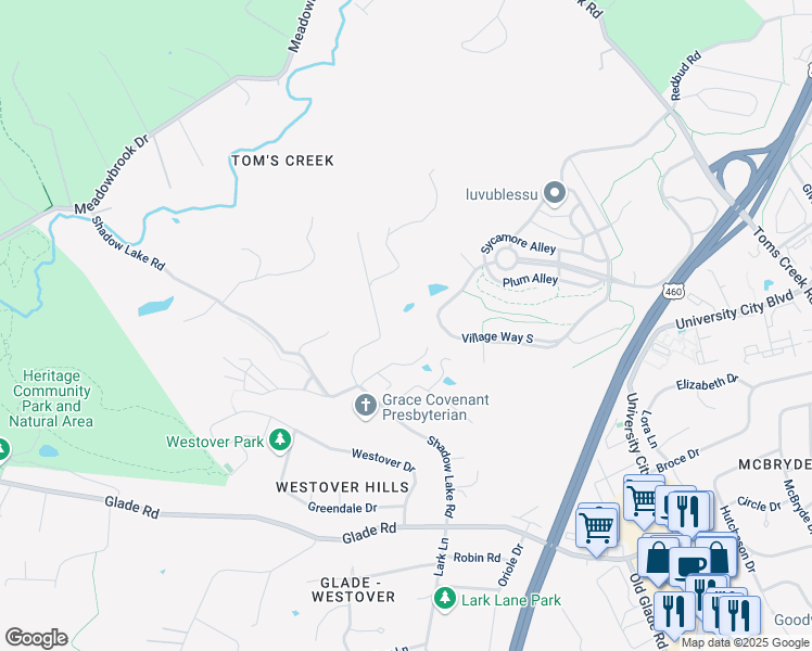 map of restaurants, bars, coffee shops, grocery stores, and more near 2301 Spring Hollow Lane in Blacksburg