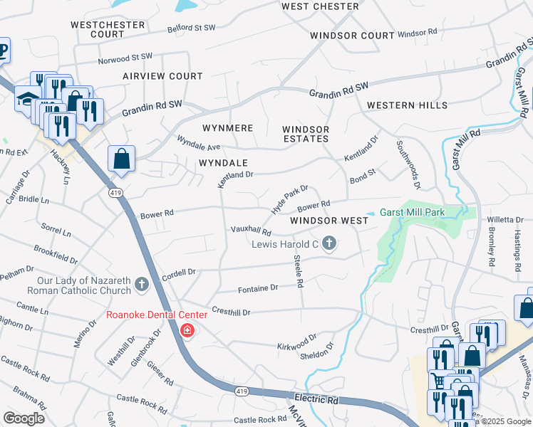 map of restaurants, bars, coffee shops, grocery stores, and more near 3908 Bower Road in Cave Spring