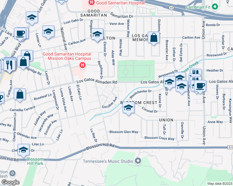 map of restaurants, bars, coffee shops, grocery stores, and more near 127 Escobar Avenue in Los Gatos