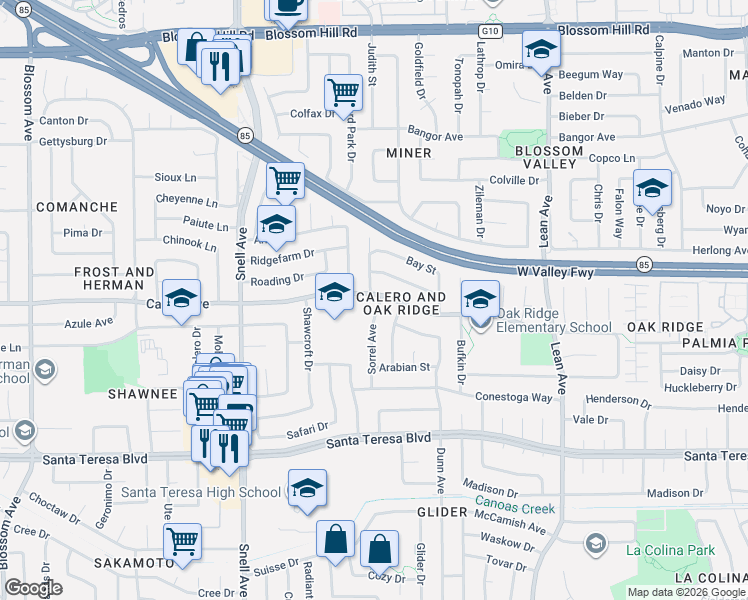 map of restaurants, bars, coffee shops, grocery stores, and more near 398 Calero Avenue in San Jose