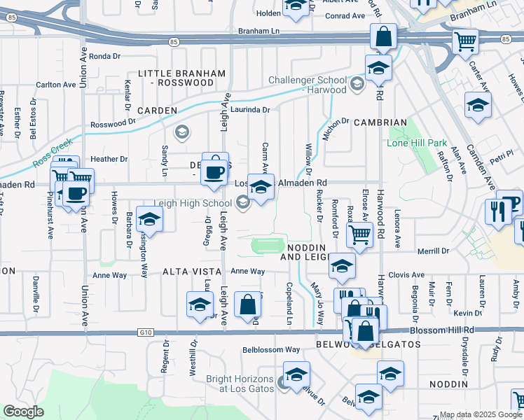 map of restaurants, bars, coffee shops, grocery stores, and more near 5210 Leigh Avenue in San Jose