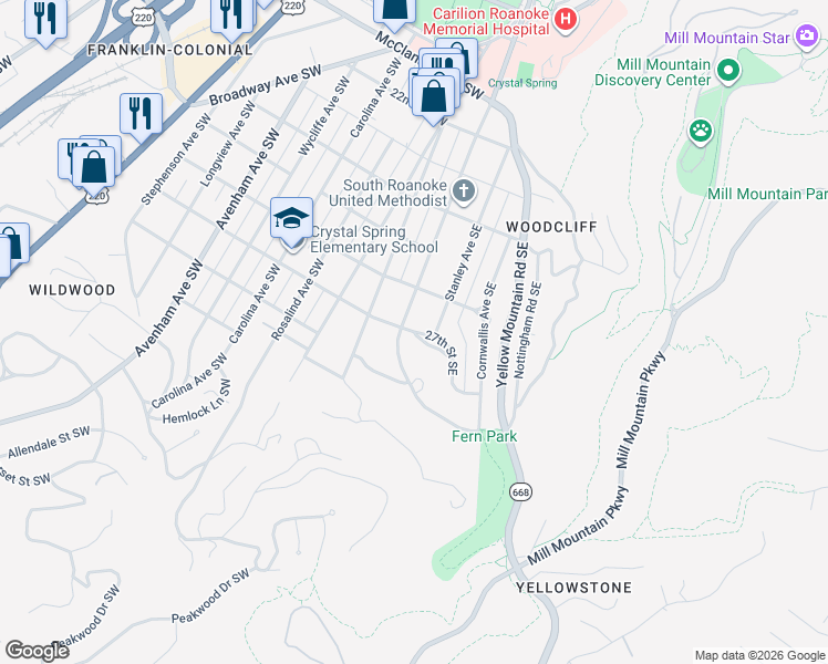 map of restaurants, bars, coffee shops, grocery stores, and more near 41 27th Street Southeast in Roanoke