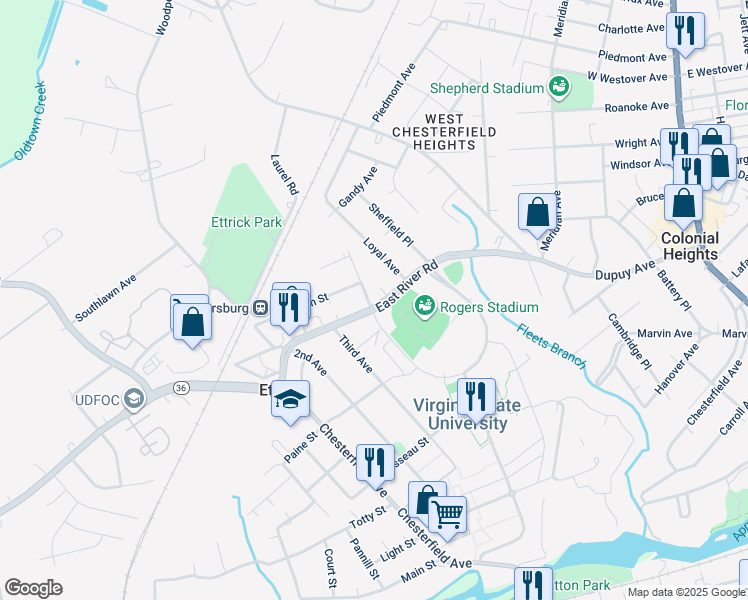 map of restaurants, bars, coffee shops, grocery stores, and more near 20417 Williams Street in Ettrick