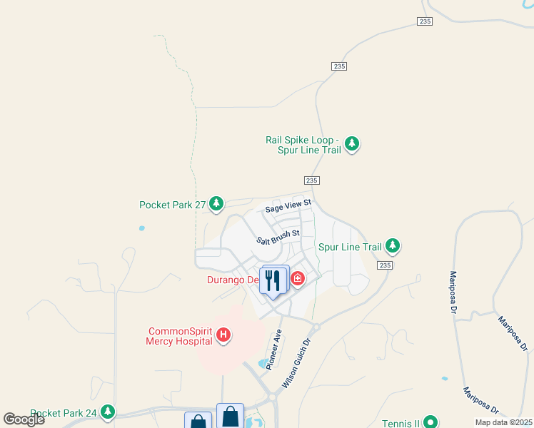 map of restaurants, bars, coffee shops, grocery stores, and more near 490 Tierra Verde Circle in Durango