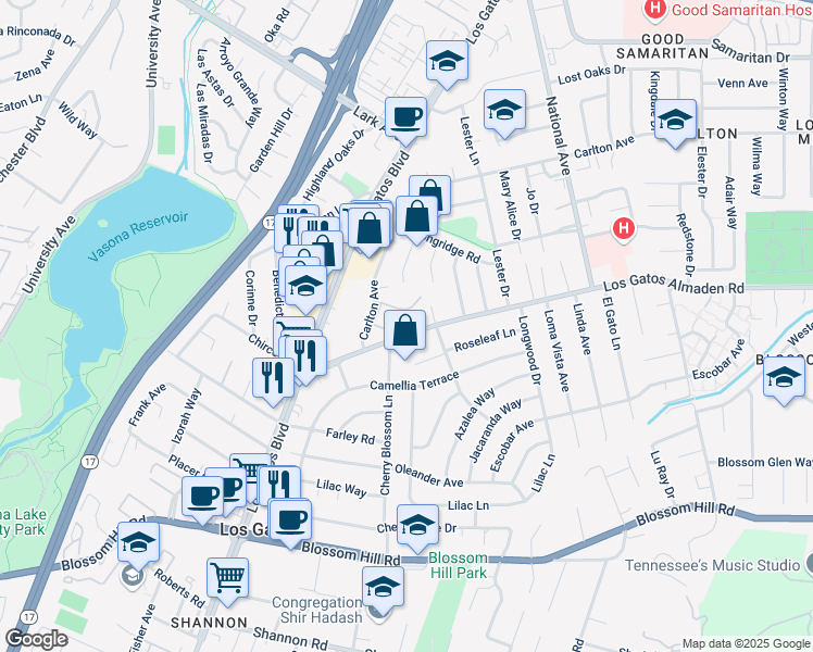 map of restaurants, bars, coffee shops, grocery stores, and more near 16360 Los Gatos Almaden Road in Los Gatos