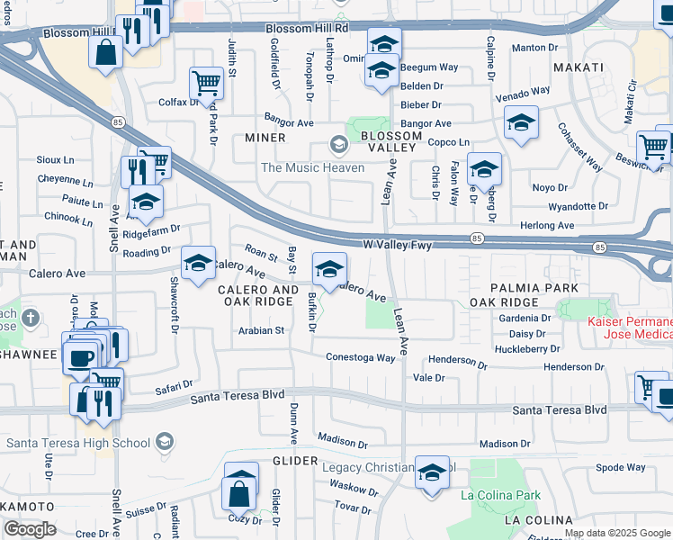 map of restaurants, bars, coffee shops, grocery stores, and more near 5894 Pontius Court in San Jose