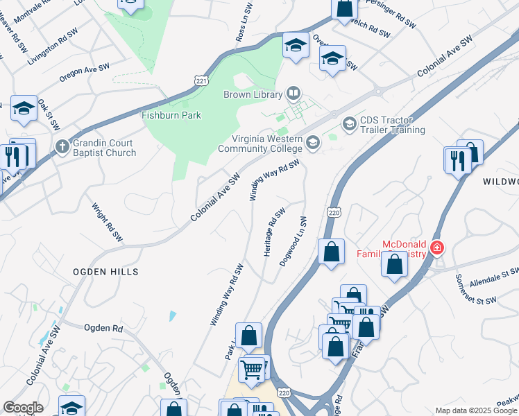 map of restaurants, bars, coffee shops, grocery stores, and more near 3638 Winding Way Road Southwest in Roanoke
