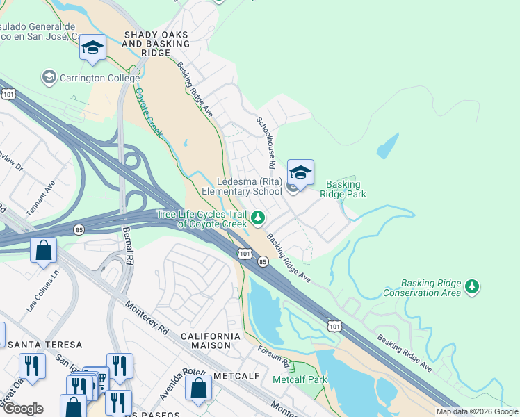 map of restaurants, bars, coffee shops, grocery stores, and more near 1103 Chagall Lane in San Jose