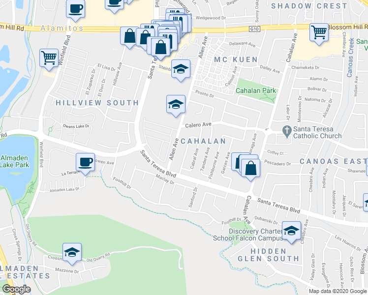 map of restaurants, bars, coffee shops, grocery stores, and more near 5942 Allen Avenue in San Jose