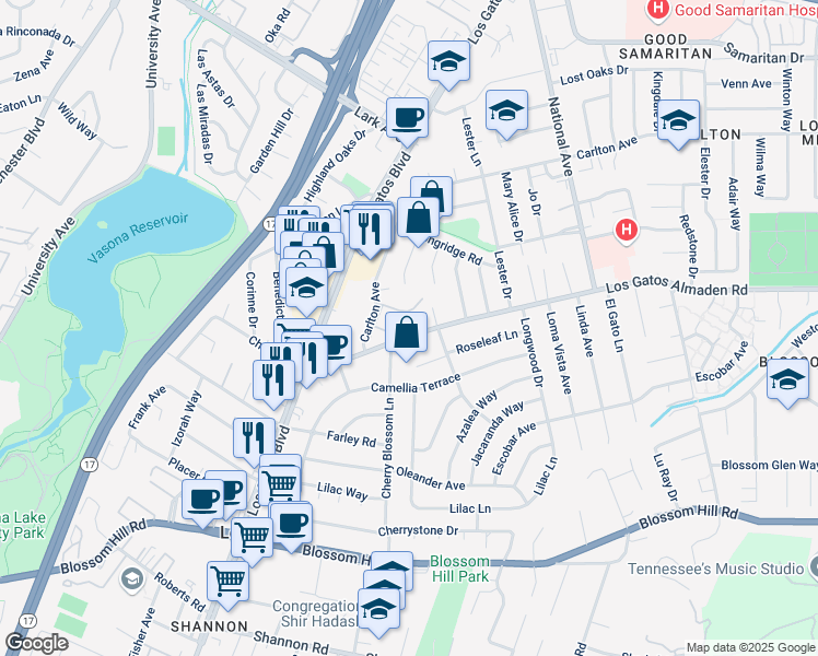 map of restaurants, bars, coffee shops, grocery stores, and more near 16360 Los Gatos Almaden Road in Los Gatos