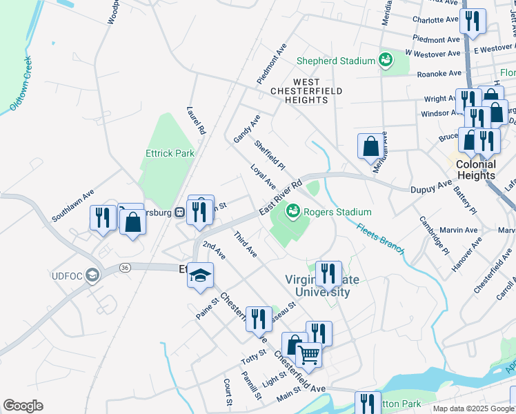 map of restaurants, bars, coffee shops, grocery stores, and more near 20417 Williams Street in Ettrick