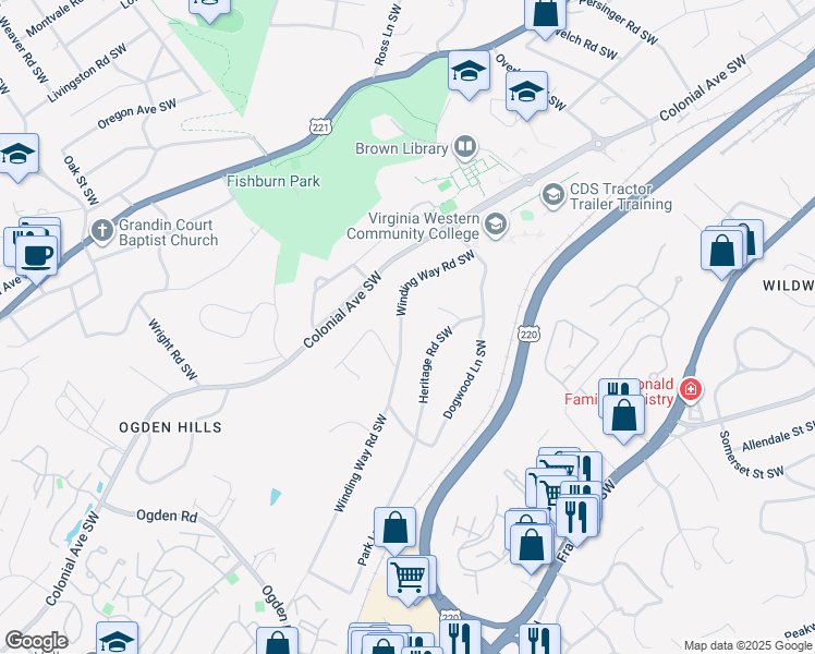 map of restaurants, bars, coffee shops, grocery stores, and more near 3638 Winding Way Road Southwest in Roanoke