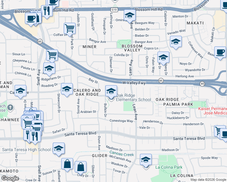 map of restaurants, bars, coffee shops, grocery stores, and more near 5894 Pontius Court in San Jose