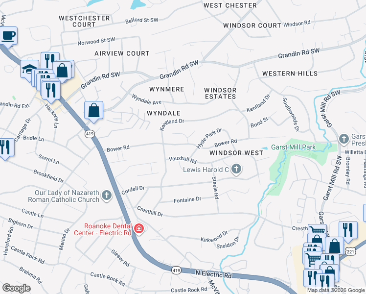 map of restaurants, bars, coffee shops, grocery stores, and more near 3934 Bower Road in Cave Spring