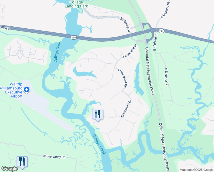 map of restaurants, bars, coffee shops, grocery stores, and more near 124 Kingspoint Drive in Williamsburg