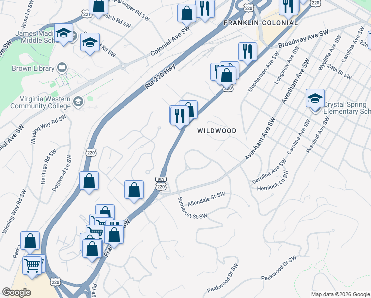 map of restaurants, bars, coffee shops, grocery stores, and more near 3207 White Oak Road Southwest in Roanoke