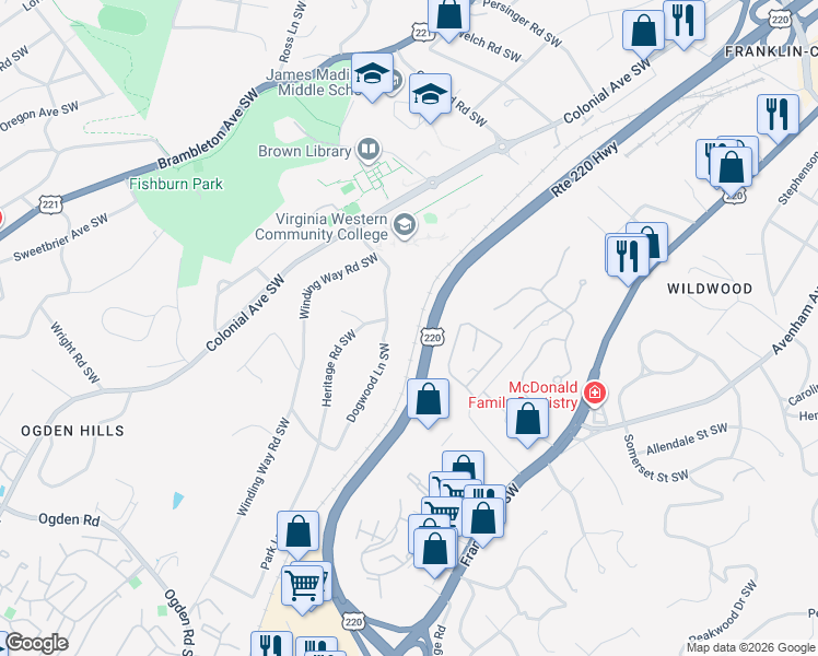 map of restaurants, bars, coffee shops, grocery stores, and more near 3612 Dogwood Lane Southwest in Roanoke
