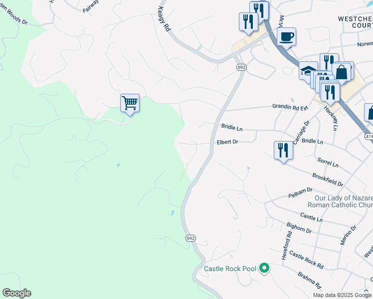 map of restaurants, bars, coffee shops, grocery stores, and more near 1723 Elbert Drive in Roanoke