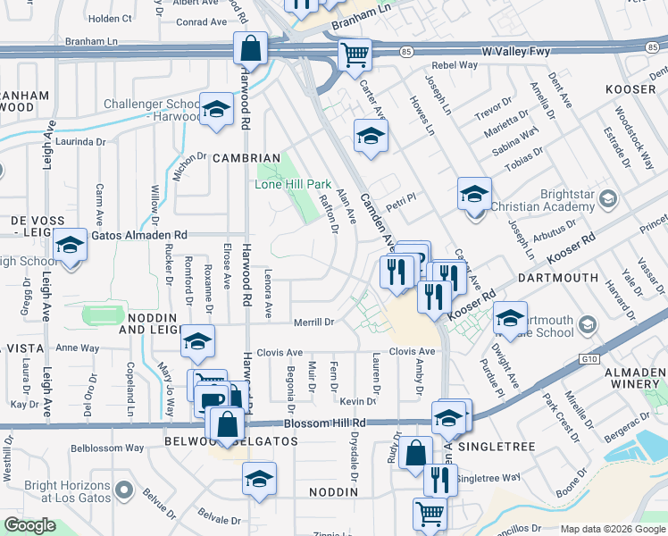 map of restaurants, bars, coffee shops, grocery stores, and more near Mirassou Drive in San Jose