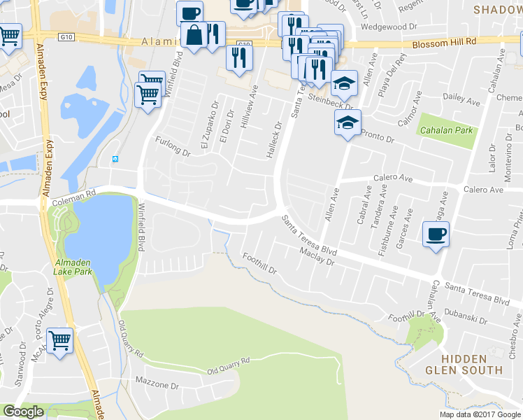 map of restaurants, bars, coffee shops, grocery stores, and more near 5908 Garlough Drive in San Jose