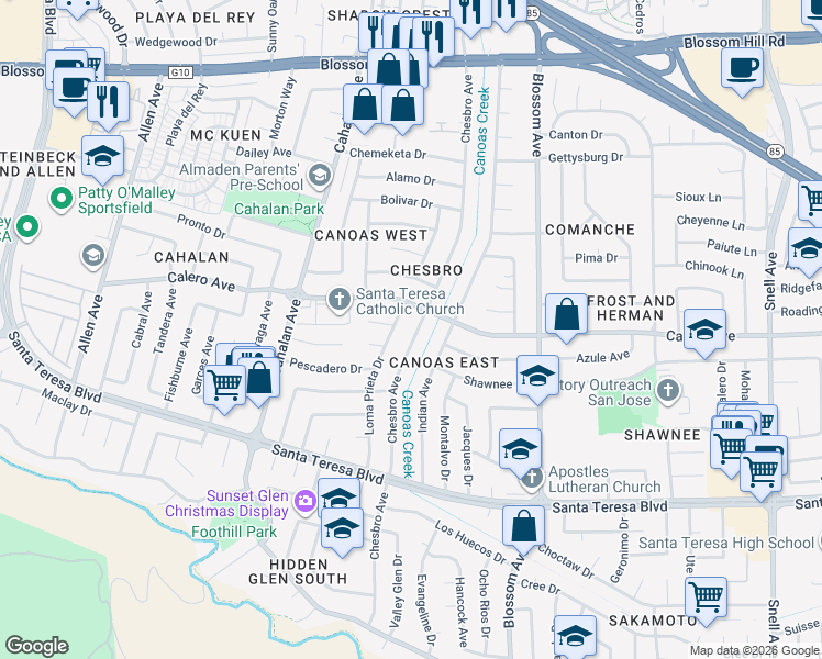 map of restaurants, bars, coffee shops, grocery stores, and more near 5933 Chesbro Avenue in San Jose