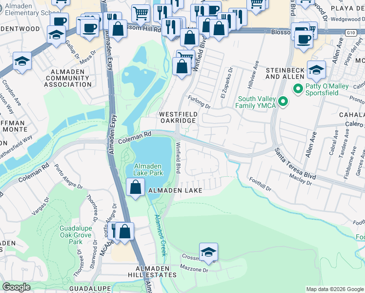 map of restaurants, bars, coffee shops, grocery stores, and more near 3200 La Terrace Circle in San Jose