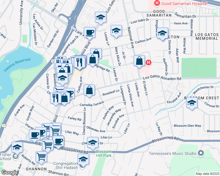 map of restaurants, bars, coffee shops, grocery stores, and more near 16205 Roseleaf Lane in Los Gatos