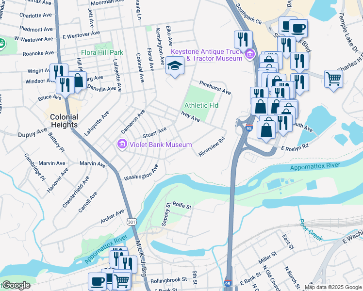 map of restaurants, bars, coffee shops, grocery stores, and more near 436 Roslyn Avenue in Colonial Heights