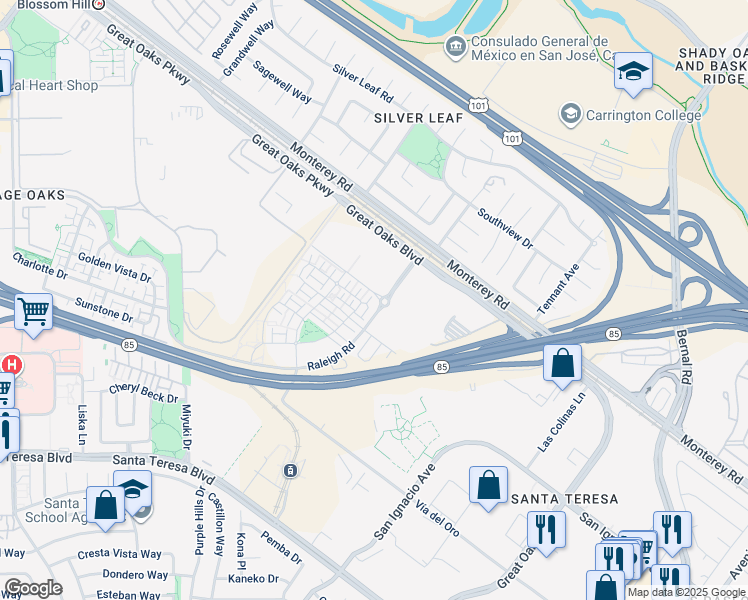 map of restaurants, bars, coffee shops, grocery stores, and more near 5941 Monterey Hwy in San Jose