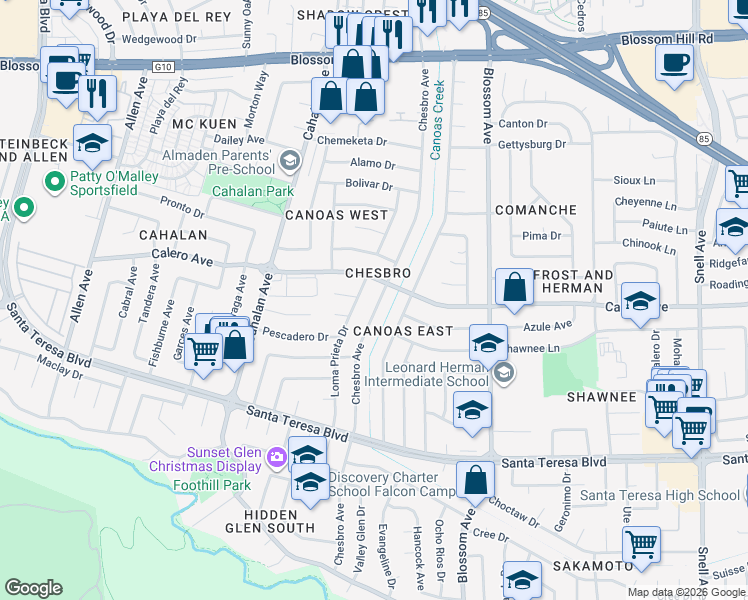 map of restaurants, bars, coffee shops, grocery stores, and more near 5933 Chesbro Avenue in San Jose