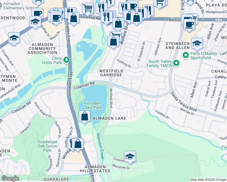 map of restaurants, bars, coffee shops, grocery stores, and more near 18 Winfield Boulevard in San Jose