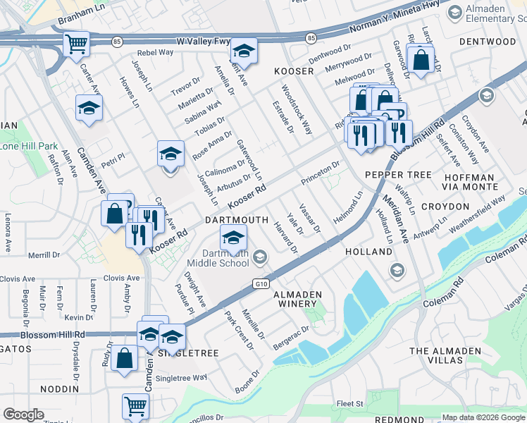 map of restaurants, bars, coffee shops, grocery stores, and more near 5513 Harvard Drive in San Jose